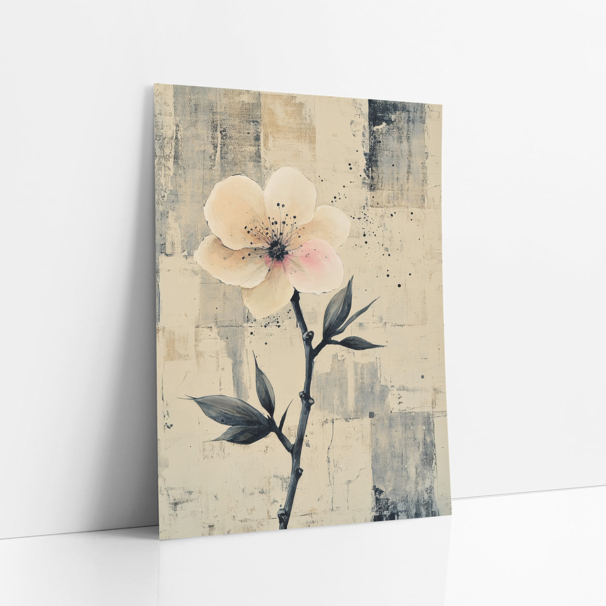 Ivory Single Bloom Dark Stem art print leaning against a white wall – pale blush blossom on a dark slender stem