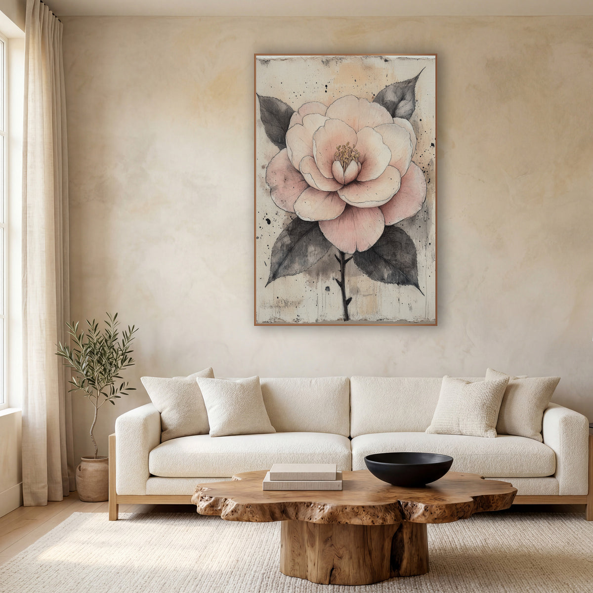 Blush Camellia Ink Botanical Study wall art in a calm Japandi-style room – blush pink camellia with golden stamens