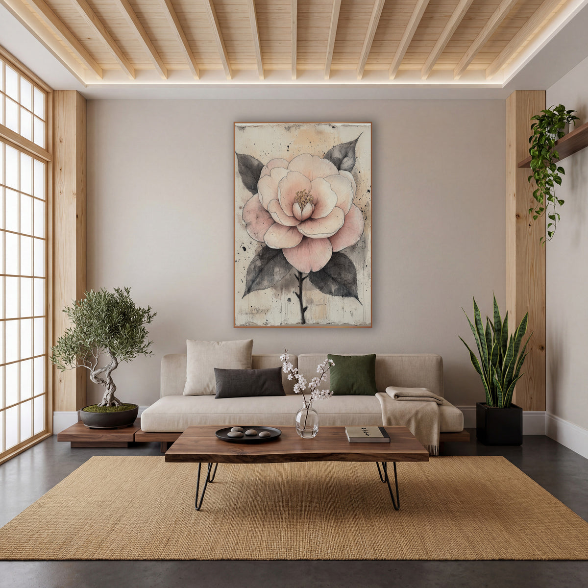 Blush Camellia Ink Botanical Study wall art in a calm Japandi-style room – blush pink camellia with golden stamens