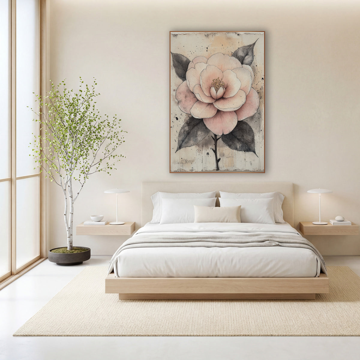 Blush Camellia Ink Botanical Study wall art in a calm Japandi-style room – blush pink camellia with golden stamens
