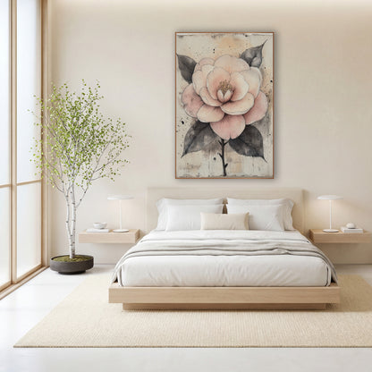 Blush Camellia Ink Botanical Study wall art in a calm Japandi-style room – blush pink camellia with golden stamens