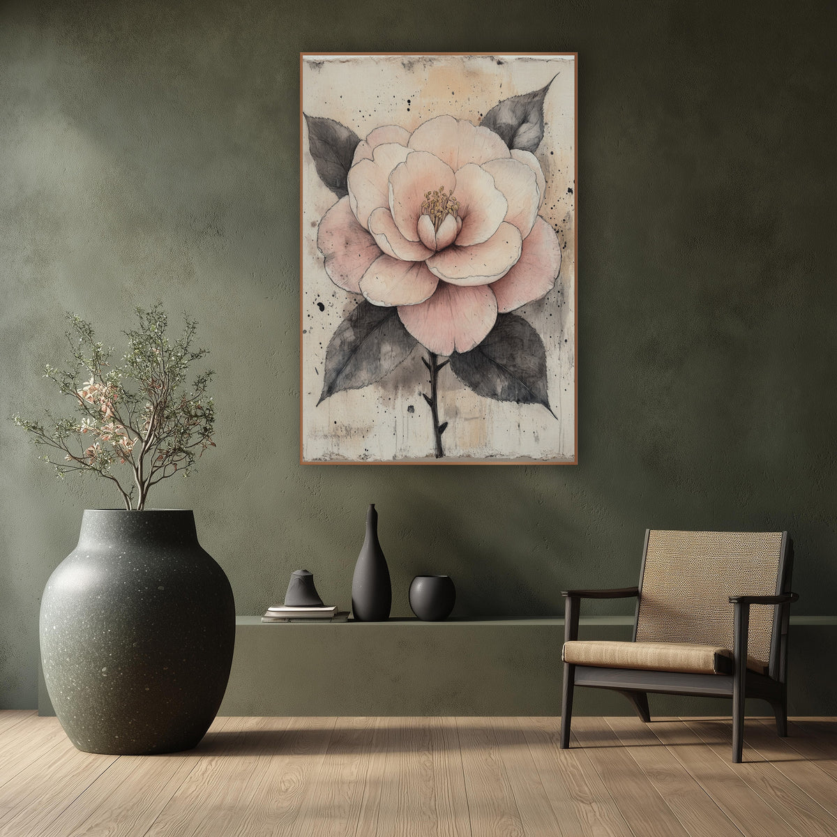 Blush Camellia Ink Botanical Study wall art in a calm Japandi-style room – blush pink camellia with golden stamens