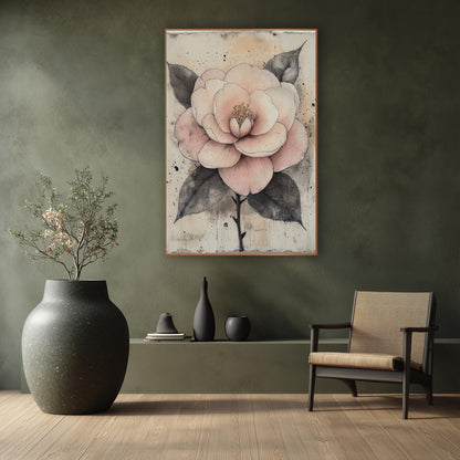 Blush Camellia Ink Botanical Study wall art in a calm Japandi-style room – blush pink camellia with golden stamens