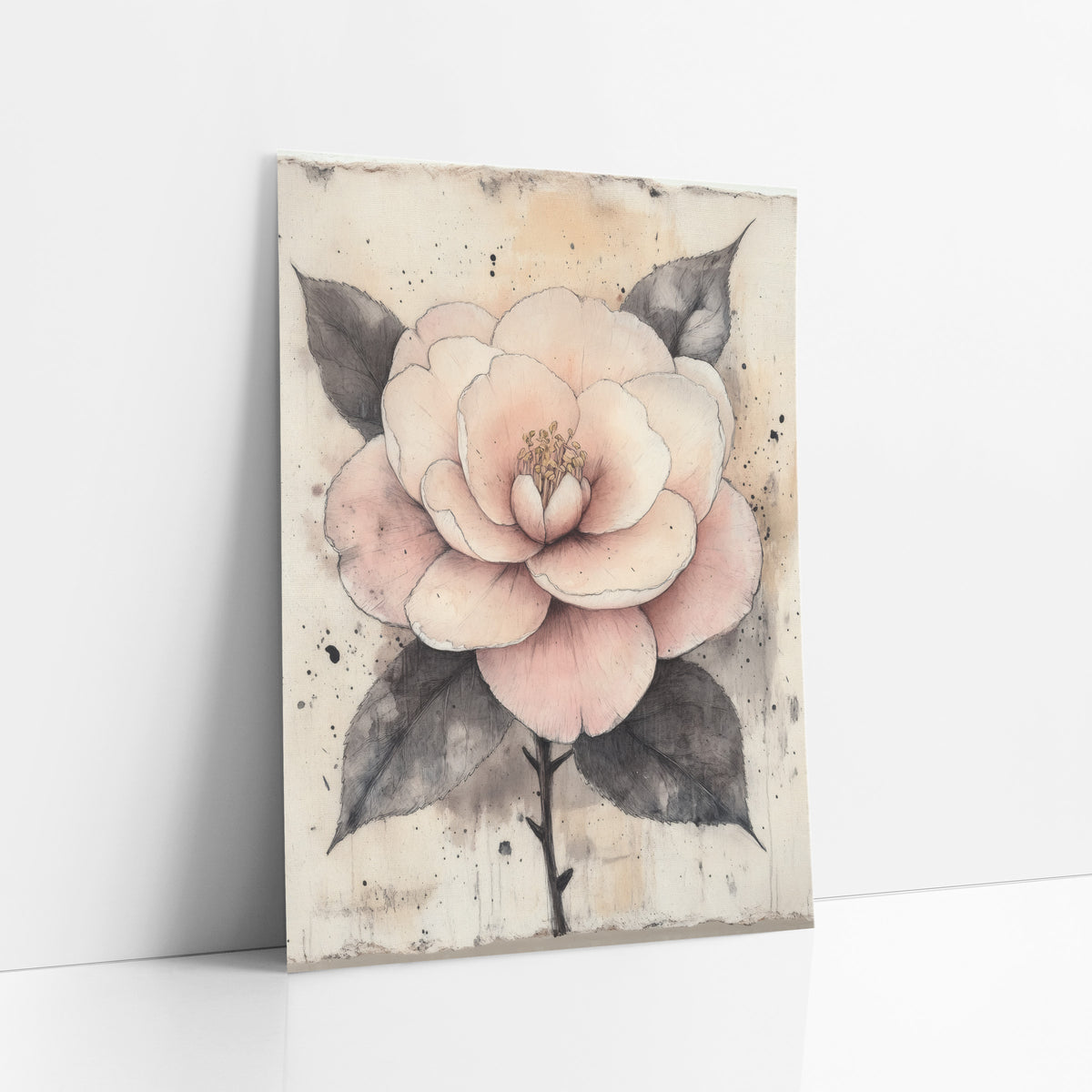 Blush Camellia Ink Botanical Study art print leaning against a white wall – blush pink camellia with golden stamens and gray