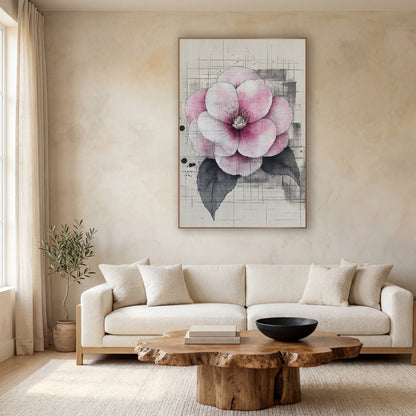 Blush Camellia Ink Study Japandi wall art in a calm Japandi-style room – pink and white camellia with fine ink