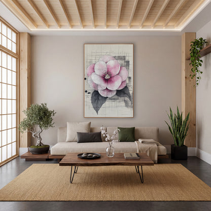 Blush Camellia Ink Study Japandi wall art in a calm Japandi-style room – pink and white camellia with fine ink