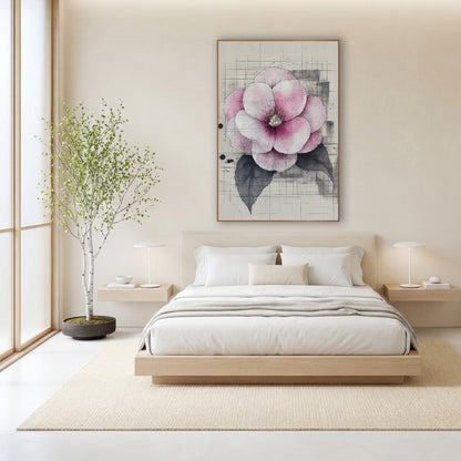 Blush Camellia Ink Study Japandi wall art in a calm Japandi-style room – pink and white camellia with fine ink