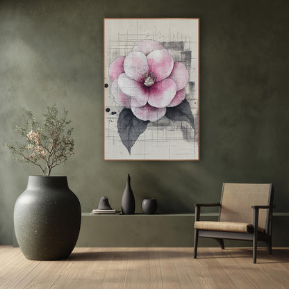 Blush Camellia Ink Study Japandi wall art in a calm Japandi-style room – pink and white camellia with fine ink