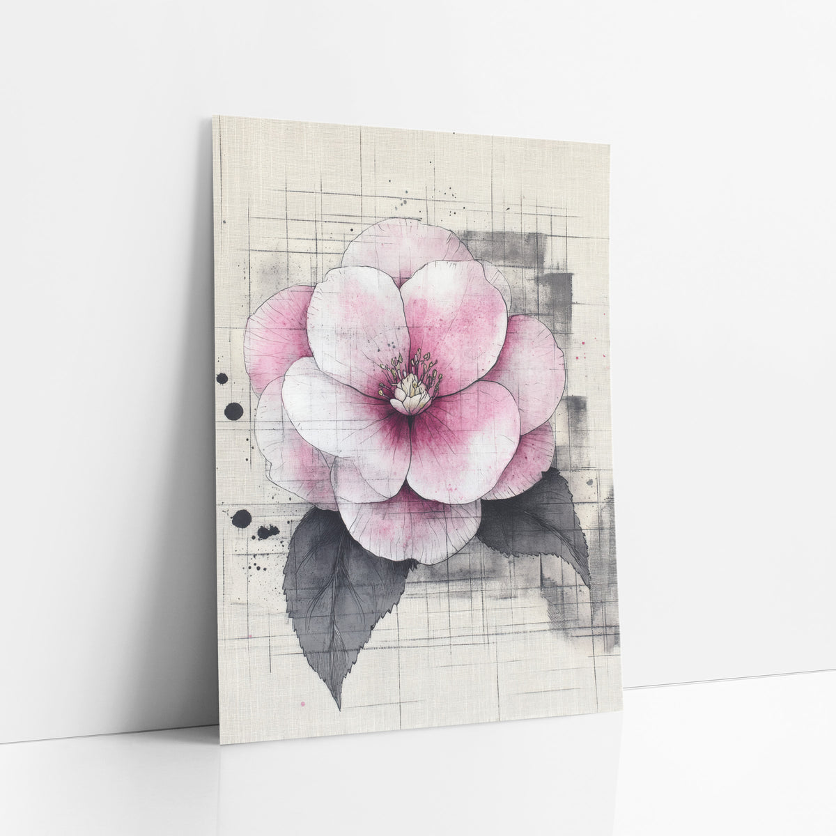Blush Camellia Ink Study Japandi art print leaning against a white wall – pink and white camellia with fine ink outlines