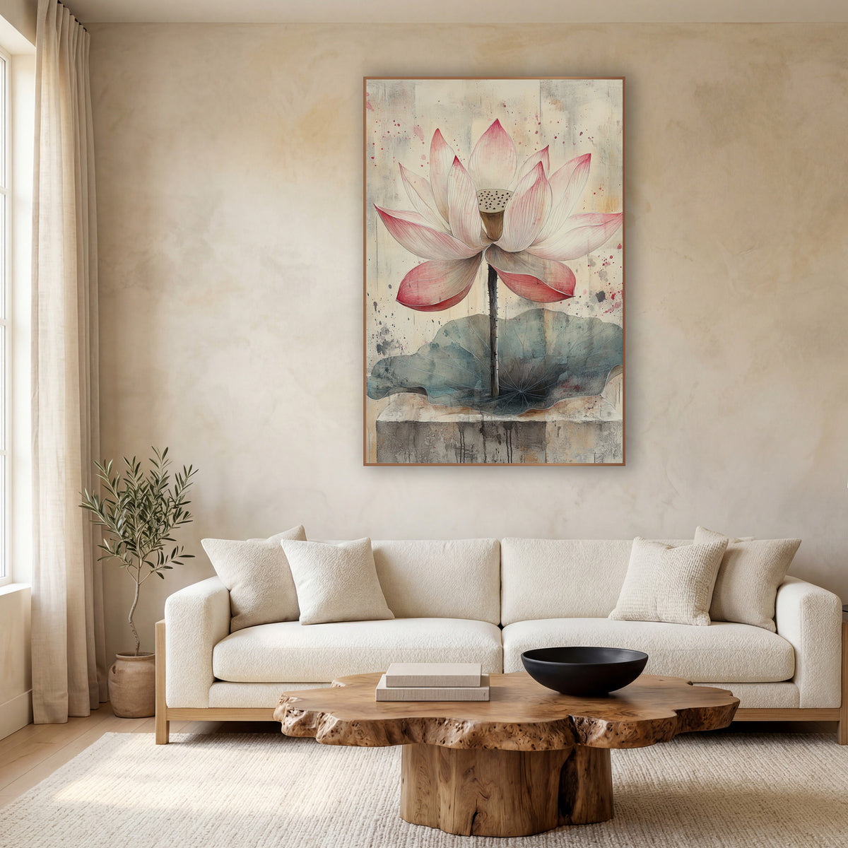 Blush Pink Lotus Botanical Japandi wall art in a calm Japandi-style room – pink and white lotus flower on a thin stem