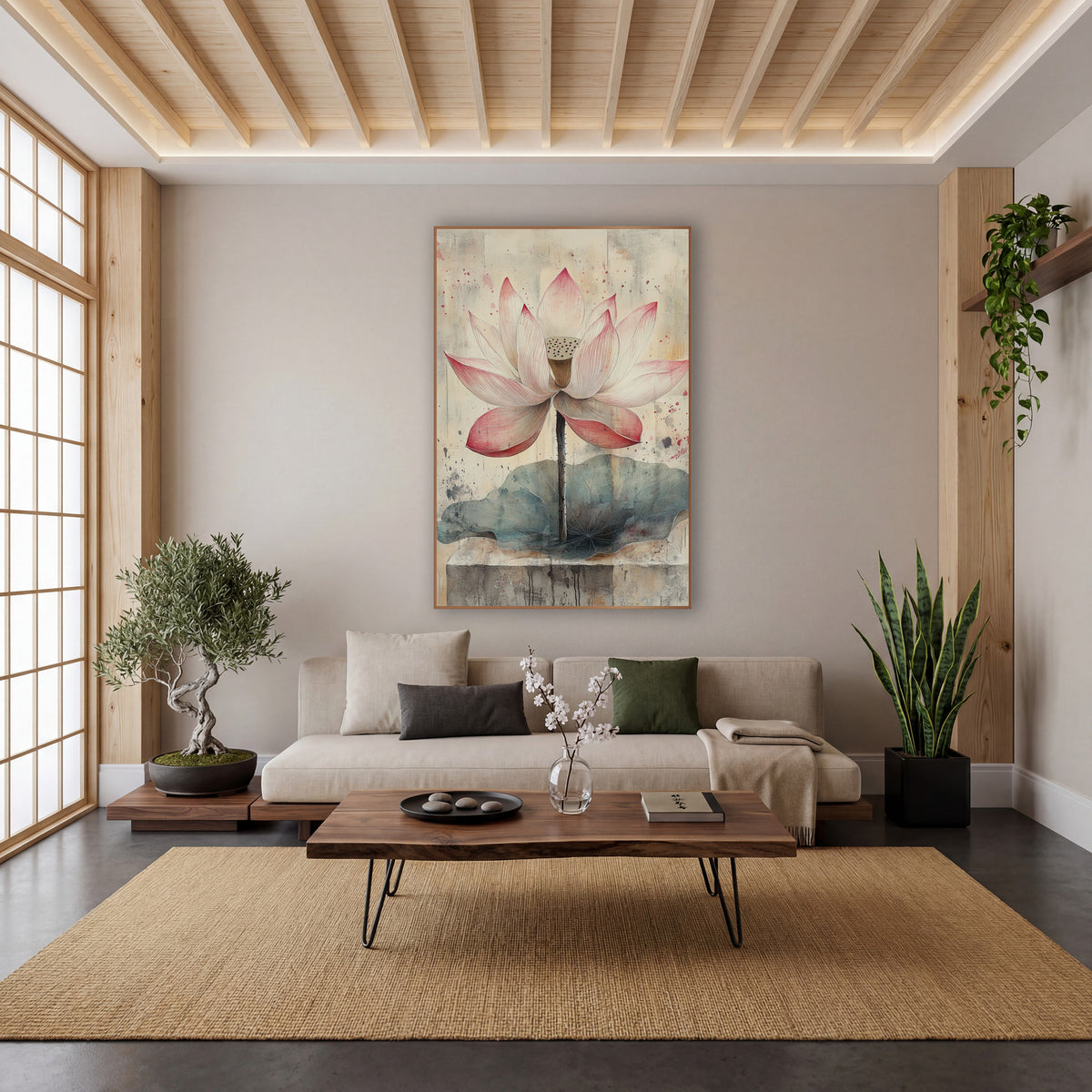 Blush Pink Lotus Botanical Japandi wall art in a calm Japandi-style room – pink and white lotus flower on a thin stem