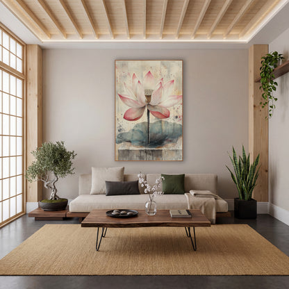 Blush Pink Lotus Botanical Japandi wall art in a calm Japandi-style room – pink and white lotus flower on a thin stem