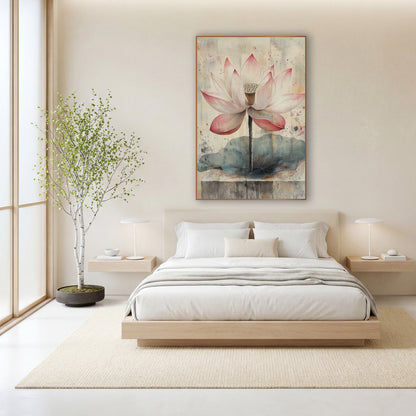 Blush Pink Lotus Botanical Japandi wall art in a calm Japandi-style room – pink and white lotus flower on a thin stem