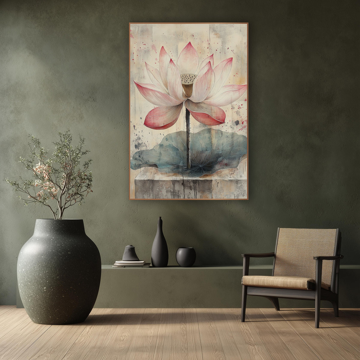 Blush Pink Lotus Botanical Japandi wall art in a calm Japandi-style room – pink and white lotus flower on a thin stem
