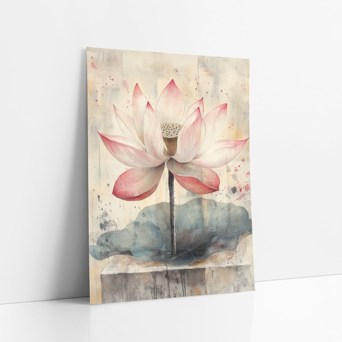 Blush Pink Lotus Botanical Japandi art print leaning against a white wall – pink and white lotus flower on a thin stem above