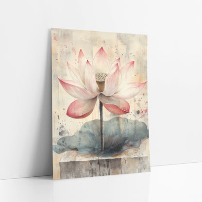 Blush Pink Lotus Botanical Japandi art print leaning against a white wall – pink and white lotus flower on a thin stem above