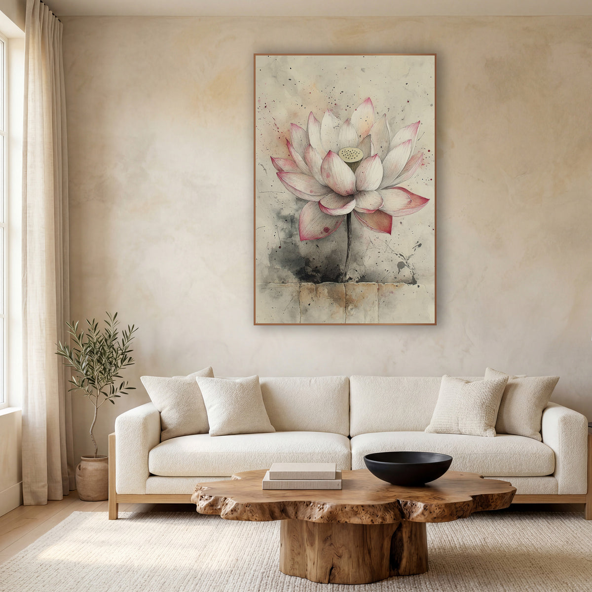 Blush Lotus Stone Ledge Ink wall art in a calm Japandi-style room – pink-tipped lotus flower with fine line petals