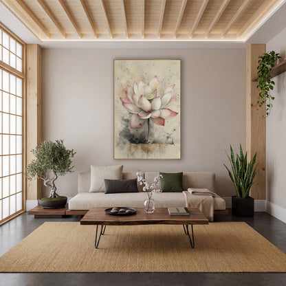 Blush Lotus Stone Ledge Ink wall art in a calm Japandi-style room – pink-tipped lotus flower with fine line petals
