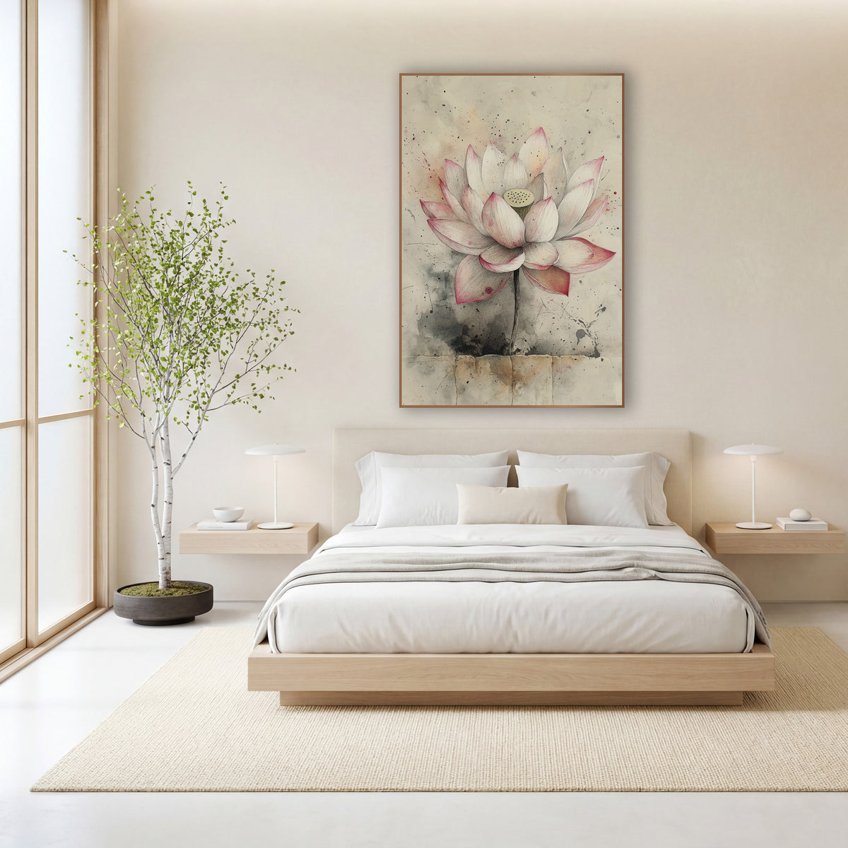Blush Lotus Stone Ledge Ink wall art in a calm Japandi-style room – pink-tipped lotus flower with fine line petals
