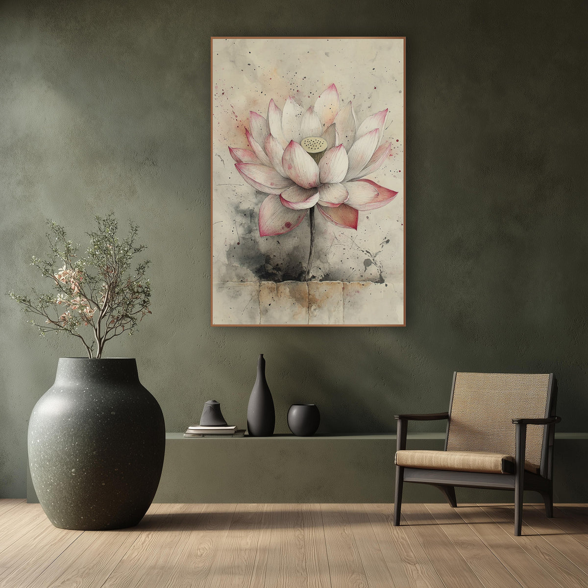 Blush Lotus Stone Ledge Ink wall art in a calm Japandi-style room – pink-tipped lotus flower with fine line petals