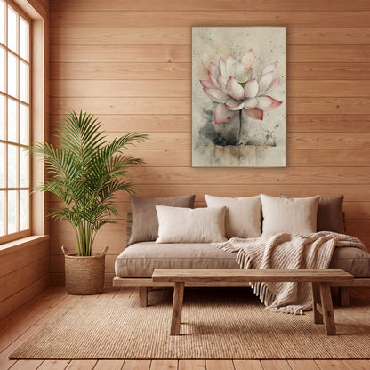 Blush Lotus Stone Ledge Ink wall art in a calm Japandi-style room – pink-tipped lotus flower with fine line petals