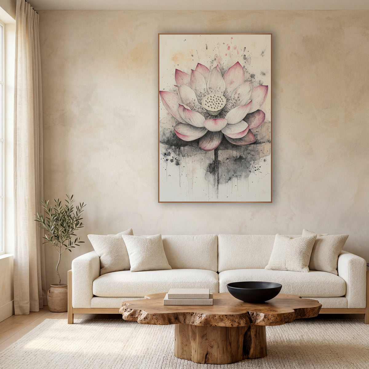 Open Lotus Dripping Ink Wash wall art in a calm Japandi-style room – open pink and cream lotus flower with seed pod
