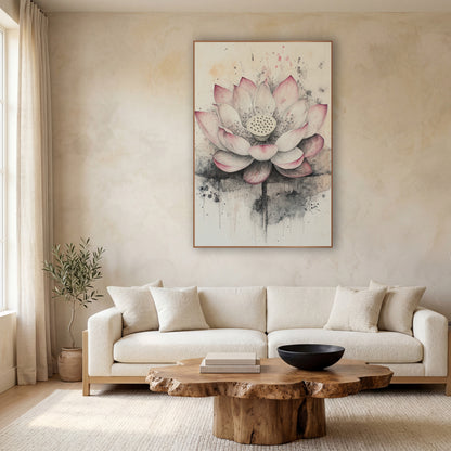 Open Lotus Dripping Ink Wash wall art in a calm Japandi-style room – open pink and cream lotus flower with seed pod