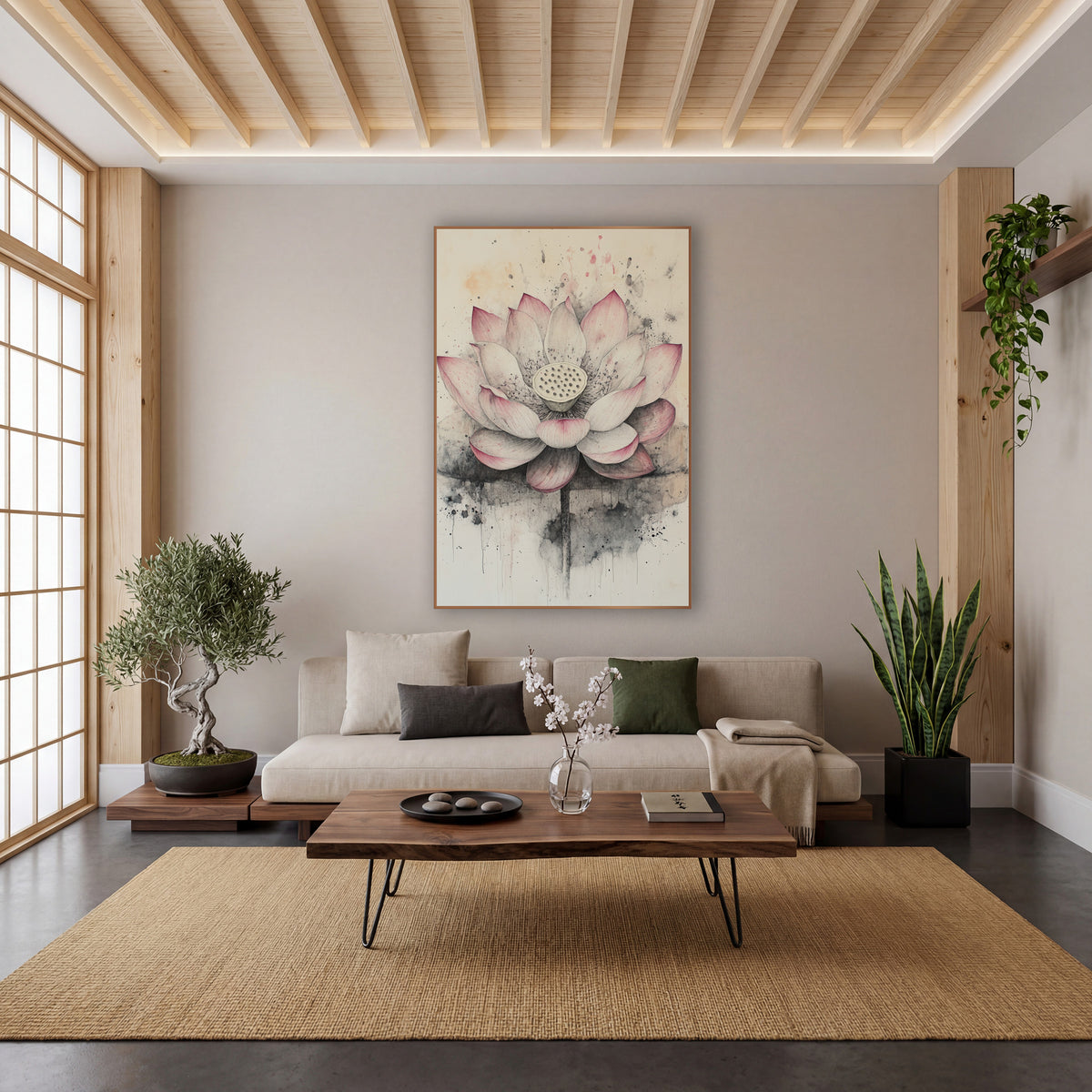 Open Lotus Dripping Ink Wash wall art in a calm Japandi-style room – open pink and cream lotus flower with seed pod