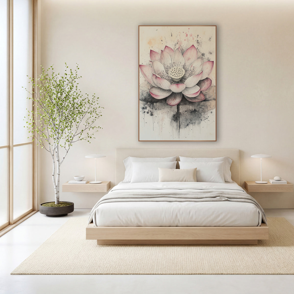 Open Lotus Dripping Ink Wash wall art in a calm Japandi-style room – open pink and cream lotus flower with seed pod