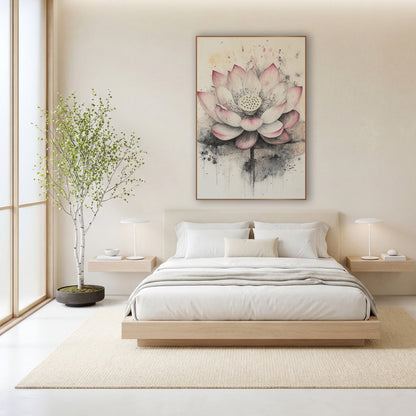 Open Lotus Dripping Ink Wash wall art in a calm Japandi-style room – open pink and cream lotus flower with seed pod