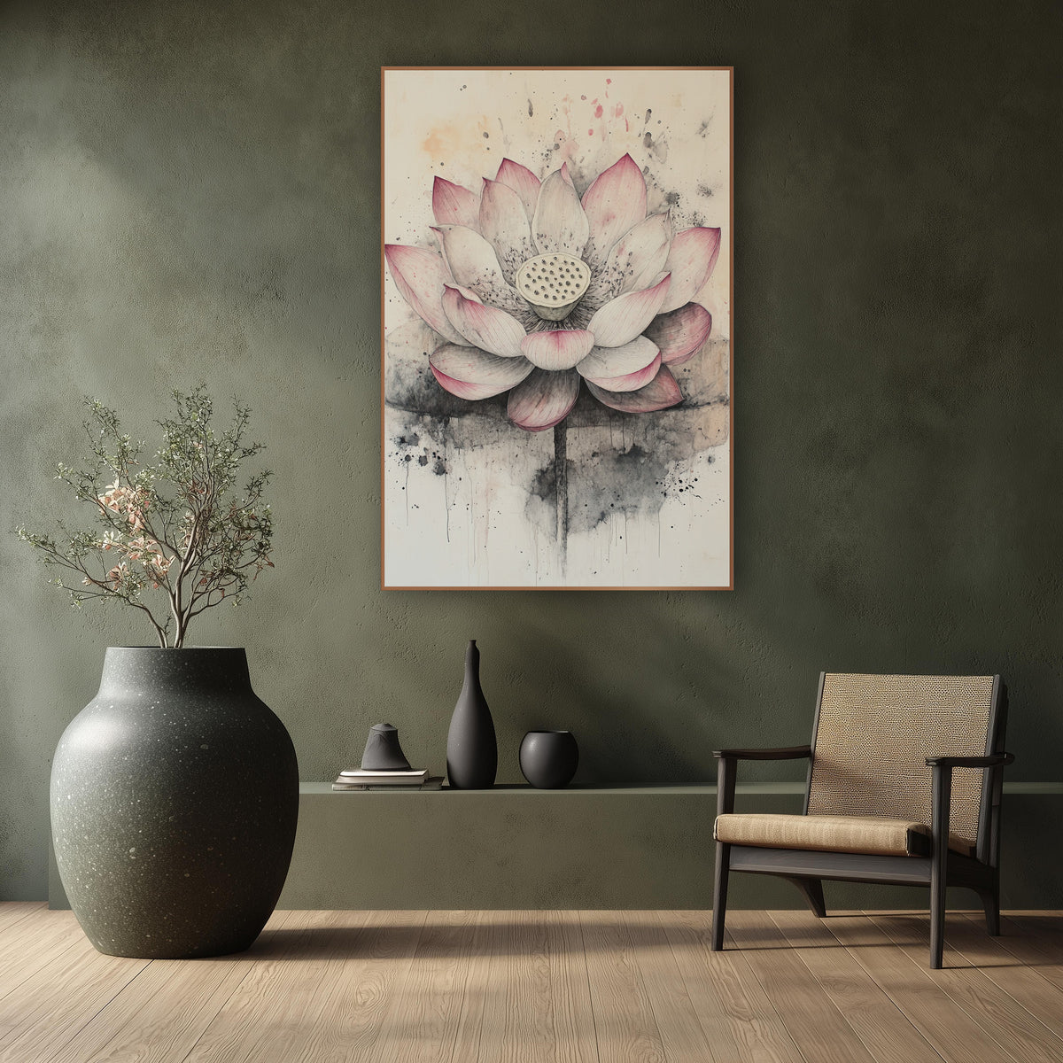 Open Lotus Dripping Ink Wash wall art in a calm Japandi-style room – open pink and cream lotus flower with seed pod