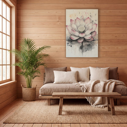 Open Lotus Dripping Ink Wash wall art in a calm Japandi-style room – open pink and cream lotus flower with seed pod
