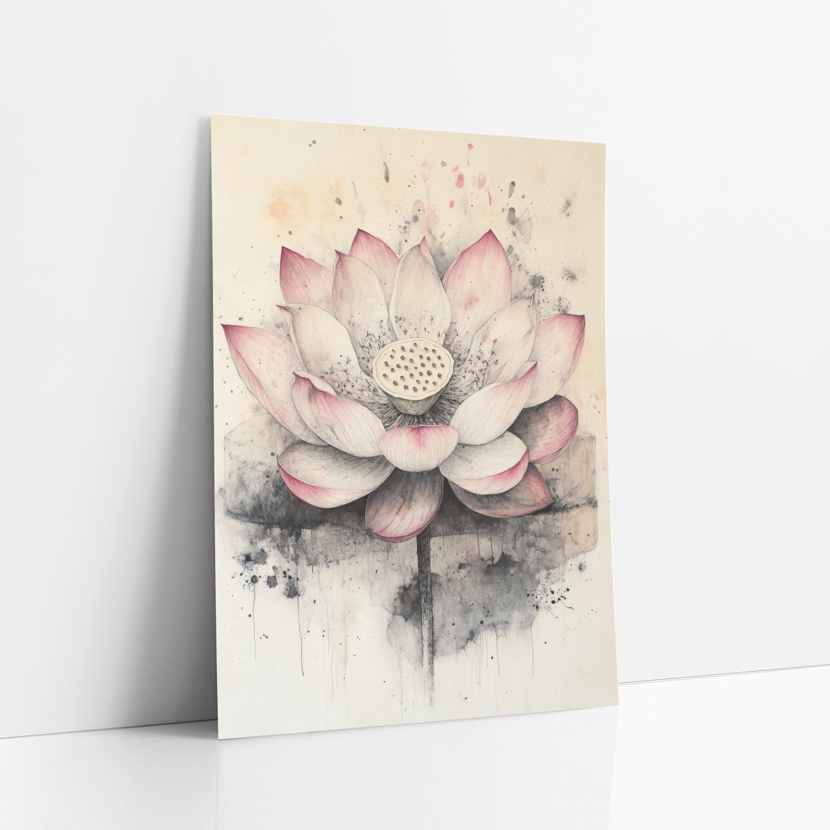 Open Lotus Dripping Ink Wash art print leaning against a white wall – open pink and cream lotus flower with seed pod, gray