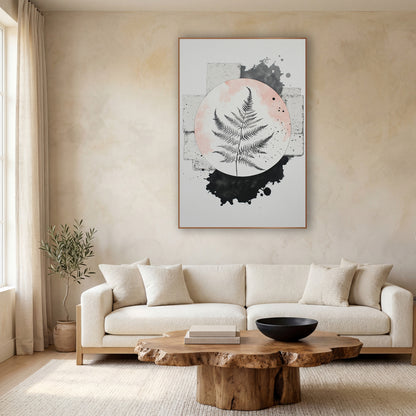 Black Fern Blush Circle Japandi wall art in a calm Japandi-style room – black fern frond inside a blush pink circle