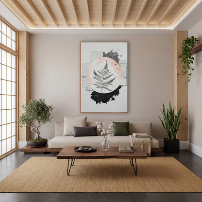 Black Fern Blush Circle Japandi wall art in a calm Japandi-style room – black fern frond inside a blush pink circle