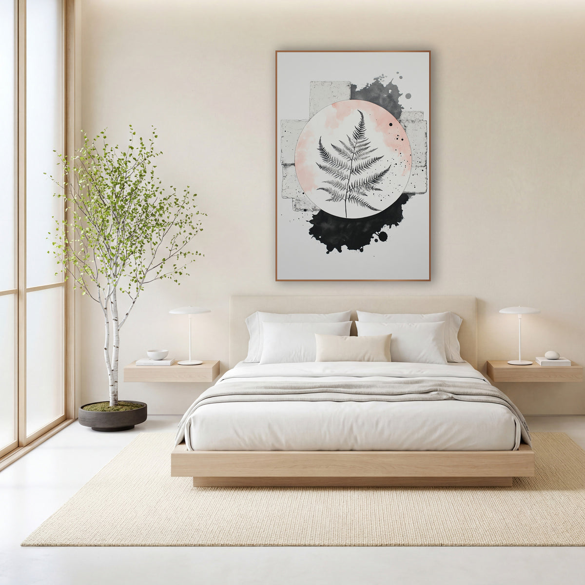 Black Fern Blush Circle Japandi wall art in a calm Japandi-style room – black fern frond inside a blush pink circle