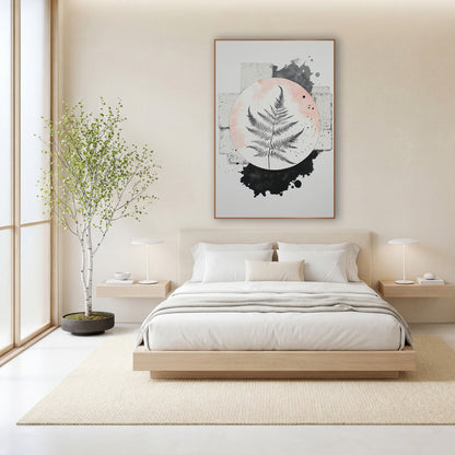 Black Fern Blush Circle Japandi wall art in a calm Japandi-style room – black fern frond inside a blush pink circle