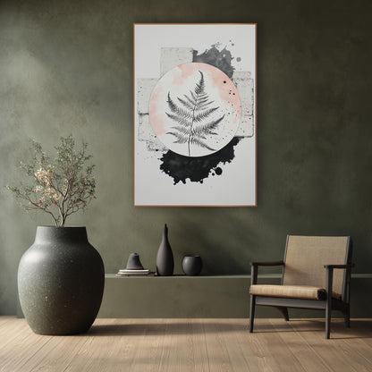 Black Fern Blush Circle Japandi wall art in a calm Japandi-style room – black fern frond inside a blush pink circle