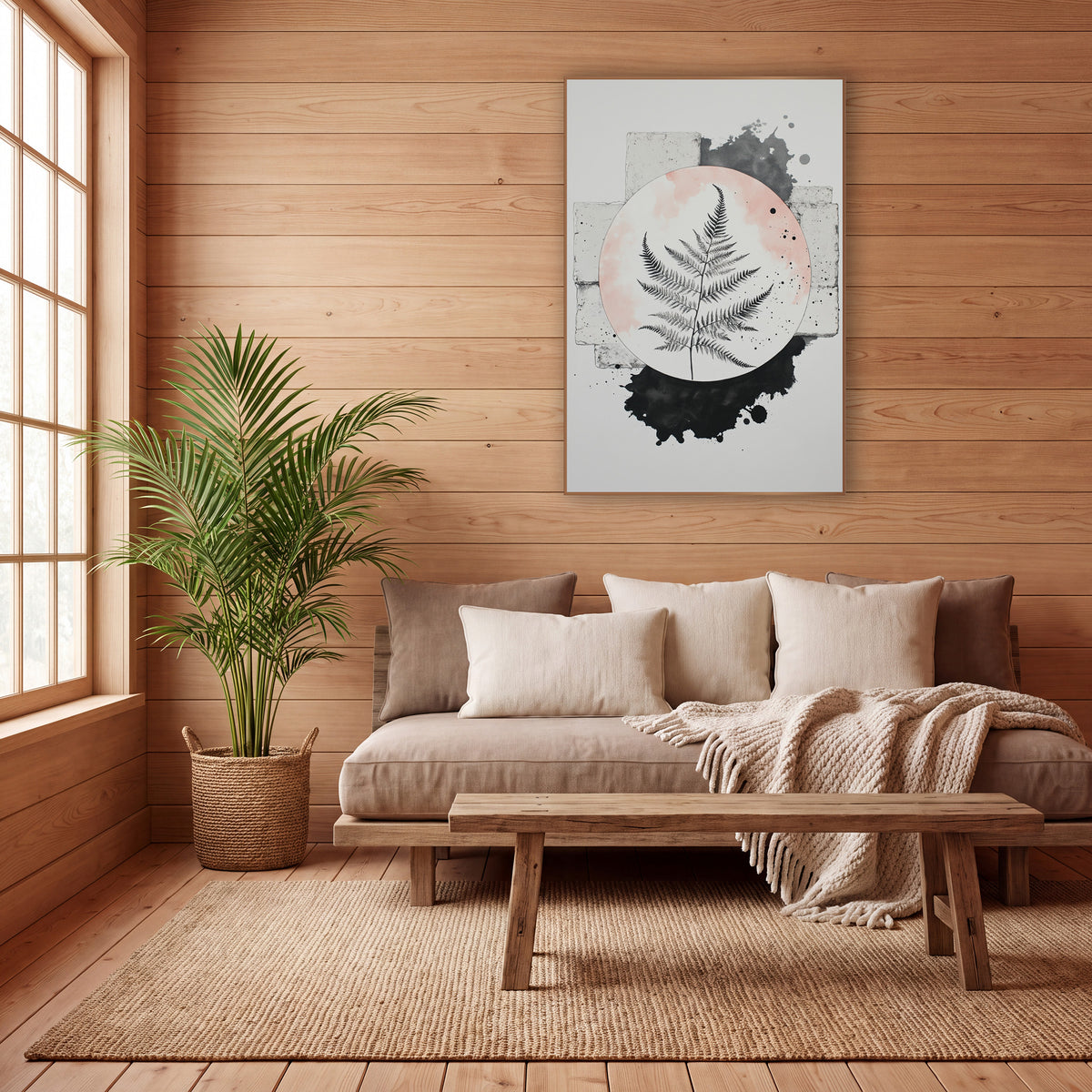 Black Fern Blush Circle Japandi wall art in a calm Japandi-style room – black fern frond inside a blush pink circle