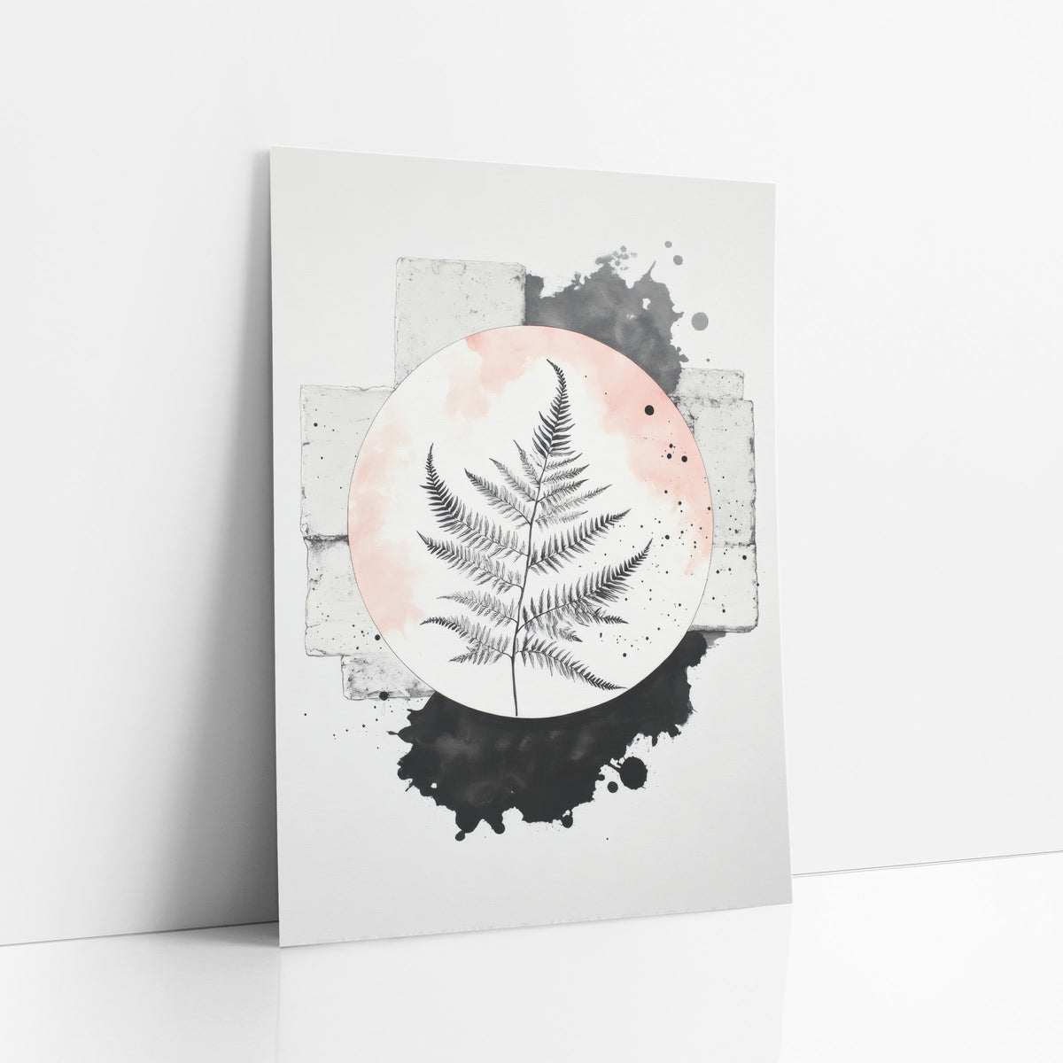 Black Fern Blush Circle Japandi art print leaning against a white wall – black fern frond inside a blush pink circle