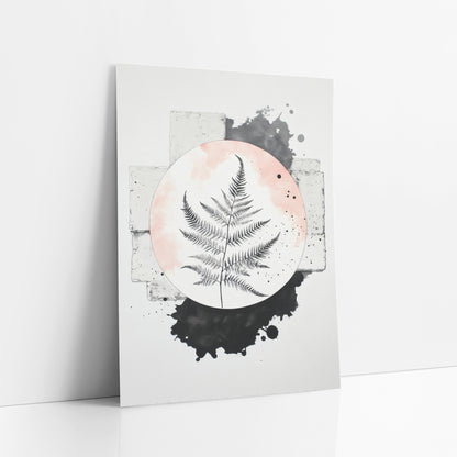 Black Fern Blush Circle Japandi art print leaning against a white wall – black fern frond inside a blush pink circle