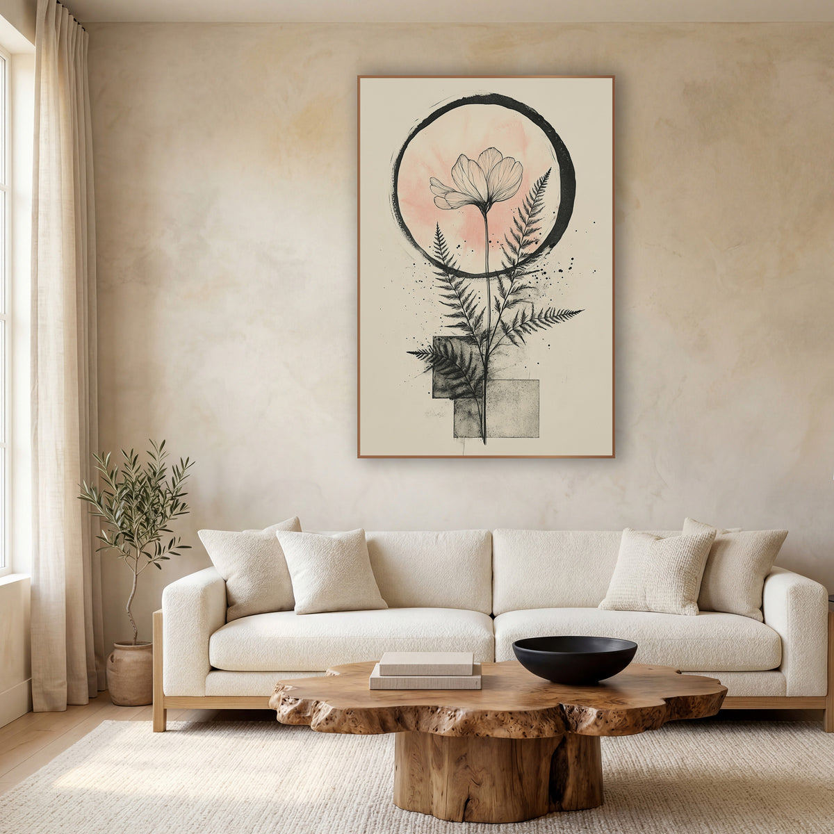 Blush Moon Fern Botanical Japandi wall art in a calm Japandi-style room – line-drawn flower with two ferns inside