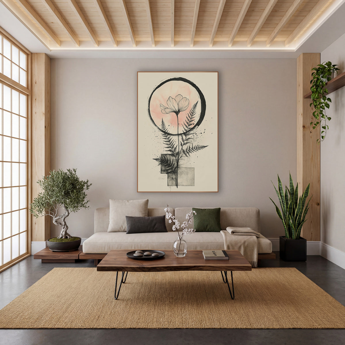 Blush Moon Fern Botanical Japandi wall art in a calm Japandi-style room – line-drawn flower with two ferns inside