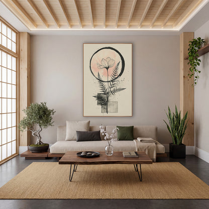 Blush Moon Fern Botanical Japandi wall art in a calm Japandi-style room – line-drawn flower with two ferns inside