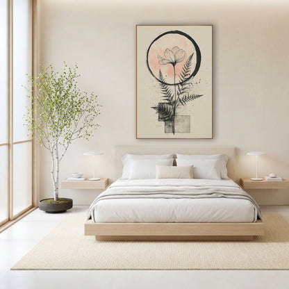 Blush Moon Fern Botanical Japandi wall art in a calm Japandi-style room – line-drawn flower with two ferns inside