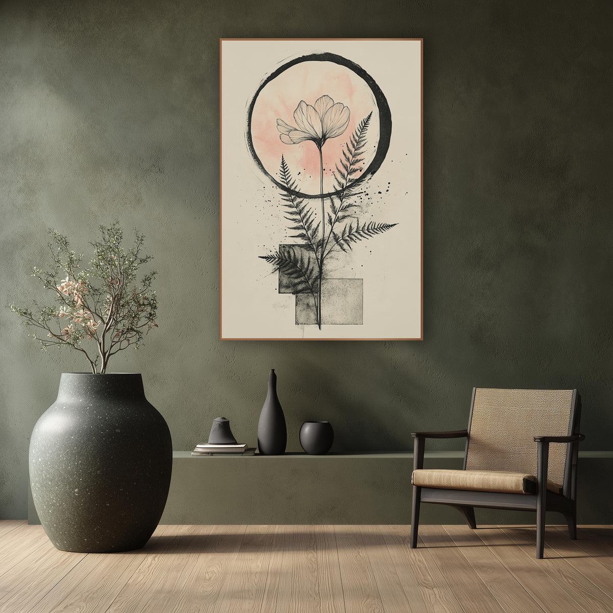 Blush Moon Fern Botanical Japandi wall art in a calm Japandi-style room – line-drawn flower with two ferns inside