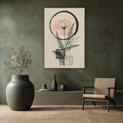 Blush Moon Fern Botanical Japandi wall art in a calm Japandi-style room – line-drawn flower with two ferns inside