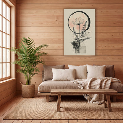 Blush Moon Fern Botanical Japandi wall art in a calm Japandi-style room – line-drawn flower with two ferns inside