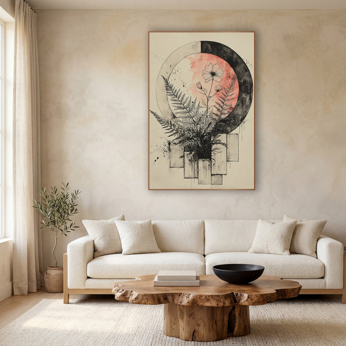 Fern and Blossom Moon Japandi wall art in a calm Japandi-style room – ink drawing of ferns and a flower before a coral