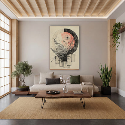 Fern and Blossom Moon Japandi wall art in a calm Japandi-style room – ink drawing of ferns and a flower before a coral